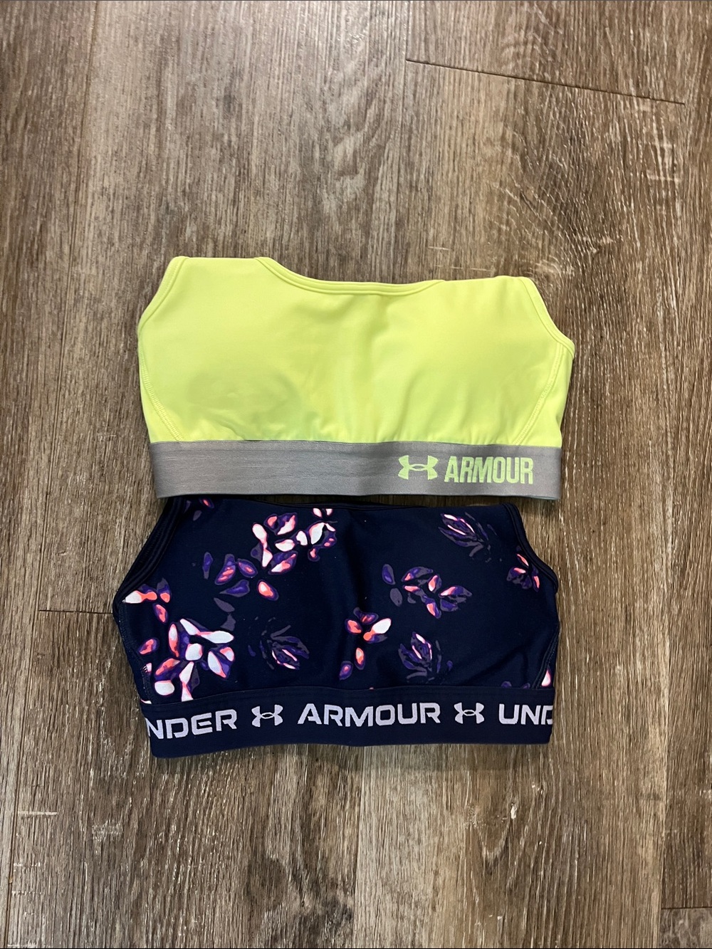 Under Armour Neon Yellow Sports Bra and Navy Crossback Sports Bra Bundle of Two